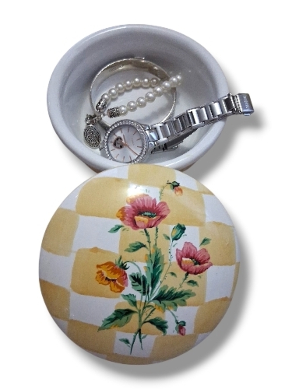 Elizabeth Arden Floral Round Jewelry Trinket Dish in Yellow, Pink, Green